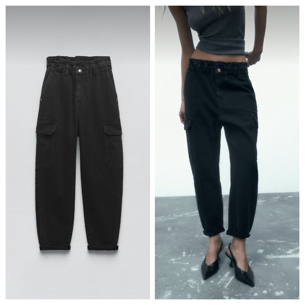 ZARA High Waist Baggy Fit Paper Bag Carrot Leg Ankle Rigid Black Womens 6 - Picture 2 of 16
